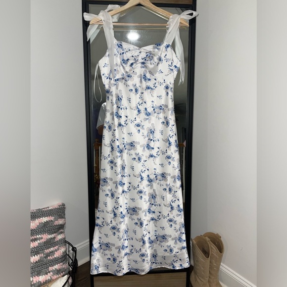Bright Dresses & Skirts - White and blue, shoulder tie, ankle-length, maxi, floral pattern dress
